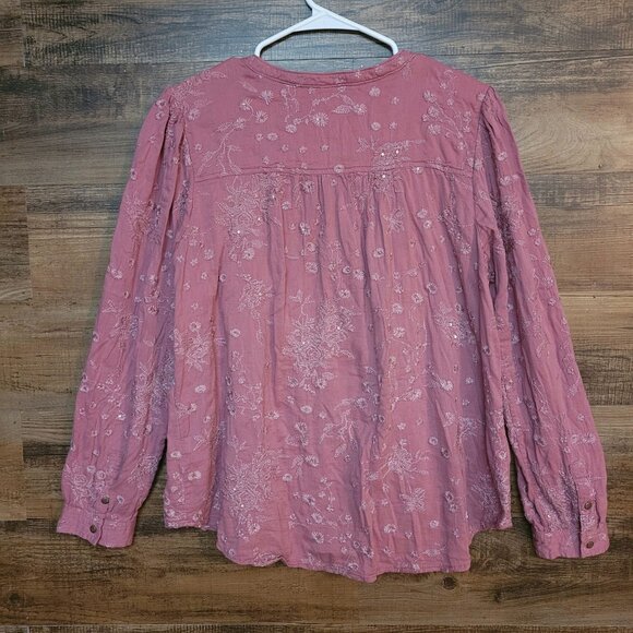 Anthropologie Pilcro Baby Doll Top L Embroidered Floral Sequins Dusty Rose Boho - Picture 2 of 10